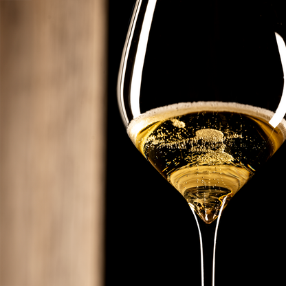 Close-up van de kelk van een Lehmann N°4 40 Ultralight met champagne en een kraag van mousse; onderin loopt de kelk spits toe naar de steel