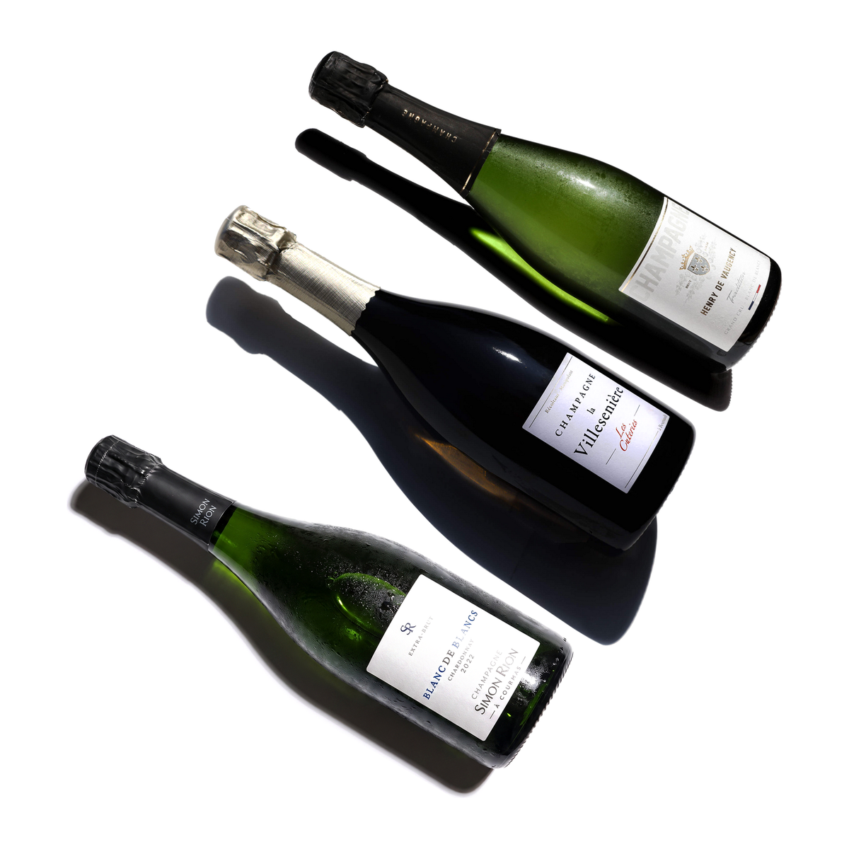 Champagne Blanc de Blancs pakket met drie flessen: Henry de Vaugency Tradition, La Villesenière Les Cuteries 2017 en Simon Rion Blanc de Blancs 2022