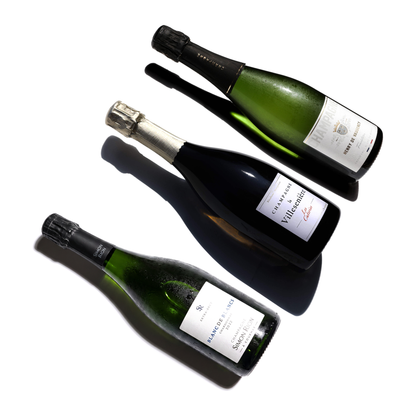 Champagne Blanc de Blancs pakket met drie flessen: Henry de Vaugency Tradition, La Villesenière Les Cuteries 2017 en Simon Rion Blanc de Blancs 2022