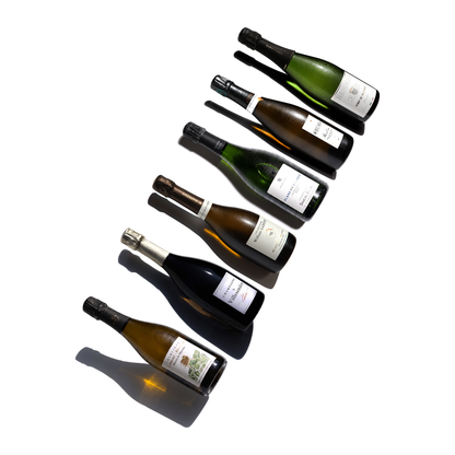 Champagne Blanc de Blancs pakket met zes flessen: Henry de Vaugency Tradition, Bolieu Fleur de Craie, Simon Rion Blanc de Blancs 2022, William Saintot Blanc de Blancs, La Villesenière Les Cuteries 2017 en Liébart-Régnier Blancs de Blanche 2022