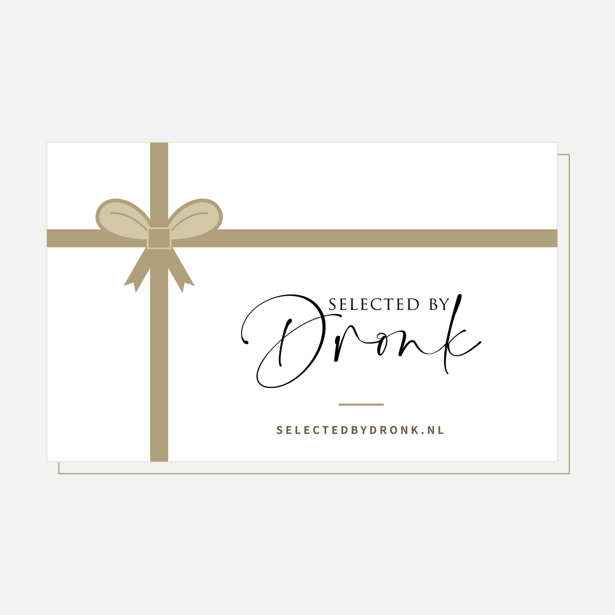 Cadeaubon van Selected by Dronk, witte kaart met gouden lint en strik