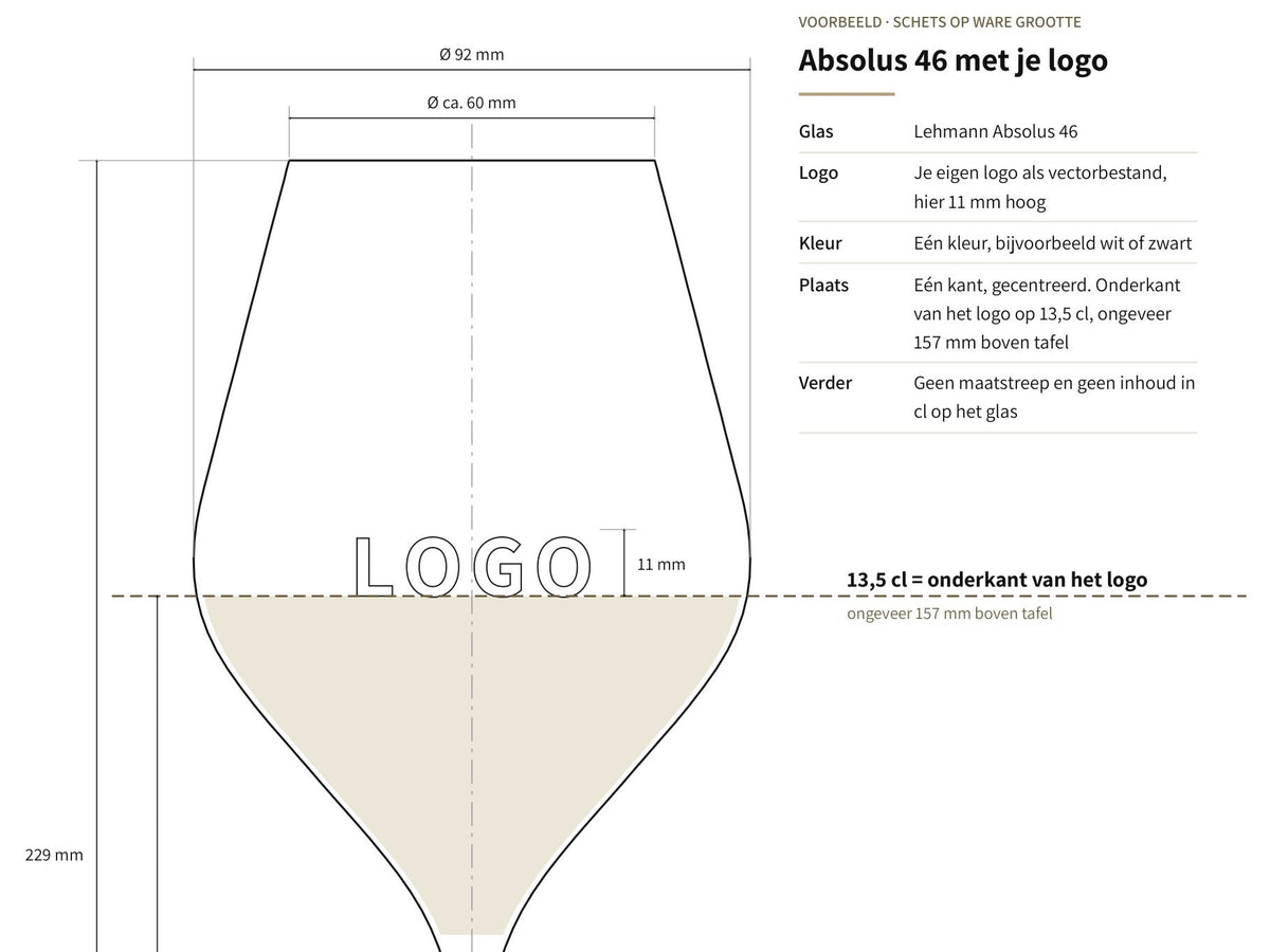 Dessin d'un Lehmann Absolus 46 à taille réelle, avec un exemple de logo sur la ligne de remplissage de 13,5 cl