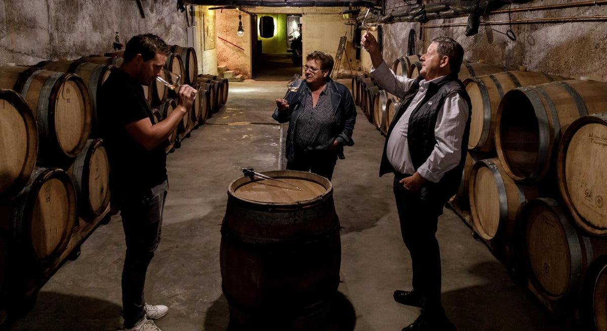 Rijpende champagneflessen in de kelder van William Saintot